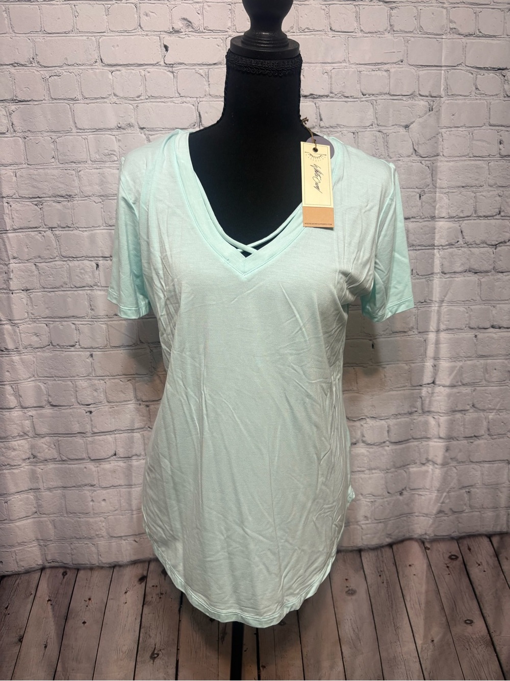 White Crow Mint V-Neck Short Sleeve Tee with Crisscross Detail